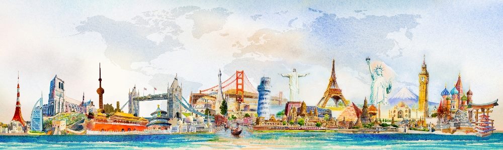 A painterly collection of some of the world's best known tourist landmarks, including the Eiffel tower, Bgi Ben, the Statue of Liberty and the Kremlin among many others, indicating CX lessons from around the world.