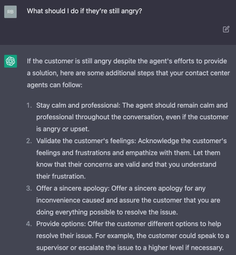 Screenshot of ChatGPT-3.5 answering a customer experience question.