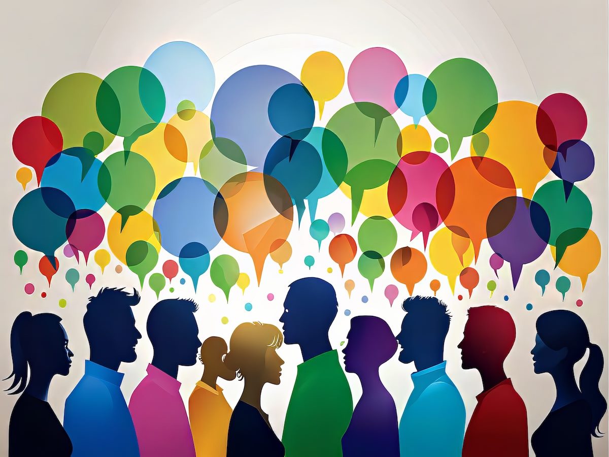 A group of silhouettes with speech bubbles above them