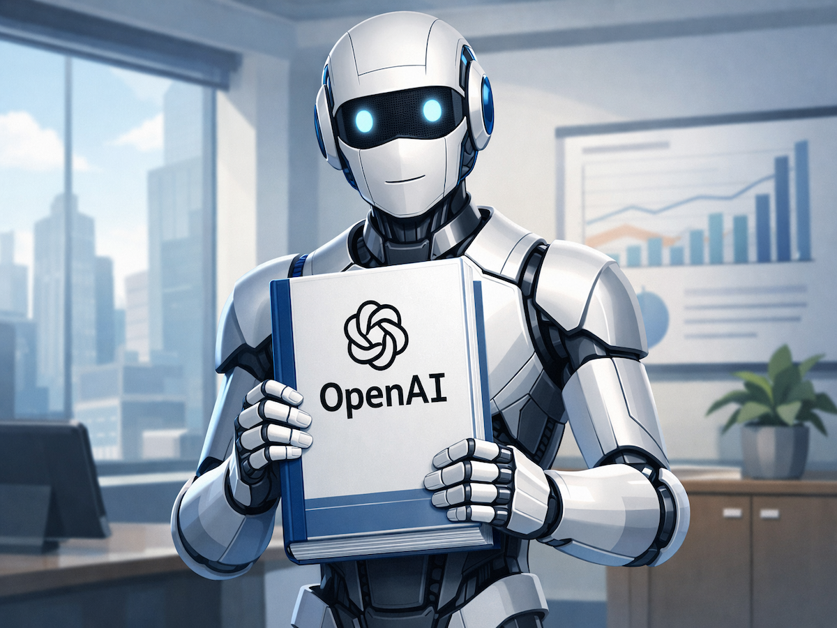 a robot holding a thick report with the OpenAI logo on the cover
