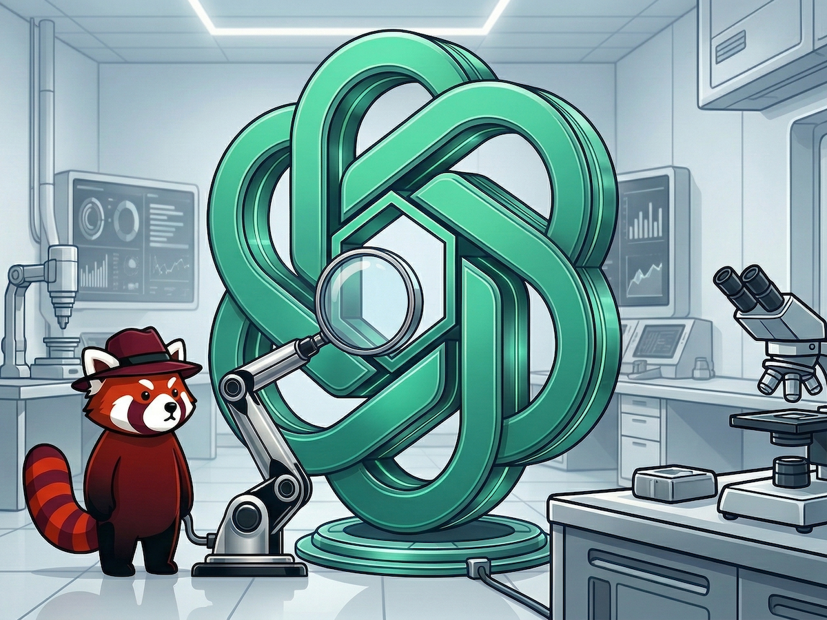 The fox from the Promptfoo logo looking at the OpenAI logo with a magnifying glass