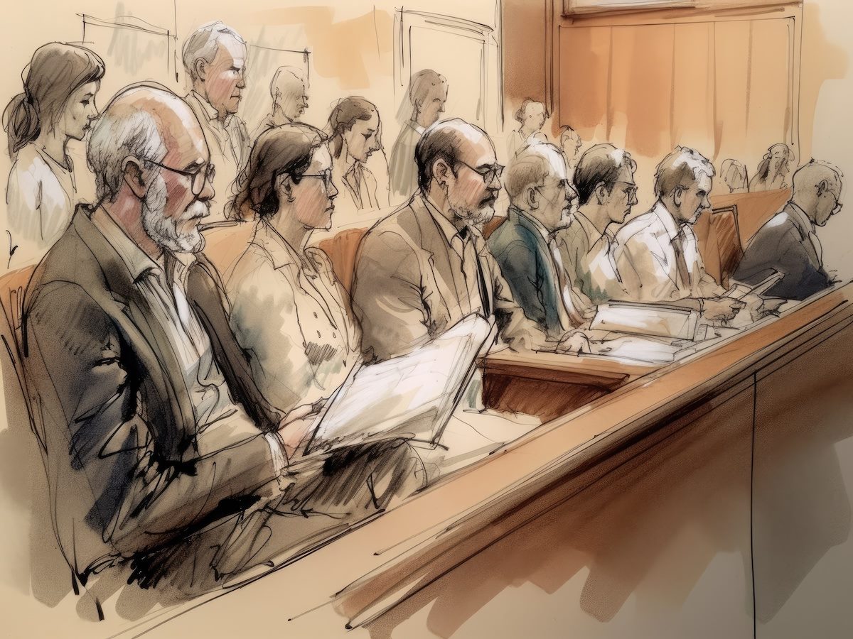 Illustration of a jury sitting in a courtroom