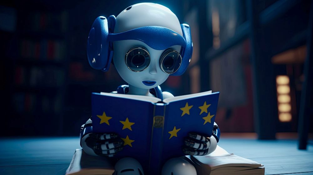 A robot child studies a book designed to look like the EU flag with a blue background and yellow stars in piece about the EU AI Act and other AI legislation.