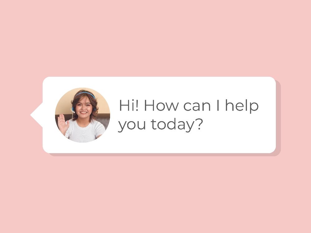 Example of a human like AI chatbot on a messaging platform or website to assist customers realtime, on a pink background, suggesting the power of AI powered customer service chatbots.