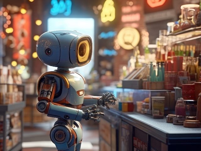 A cute robot with a yellow face make purchases at a  warmly illuminated store in piece about machine customers. 