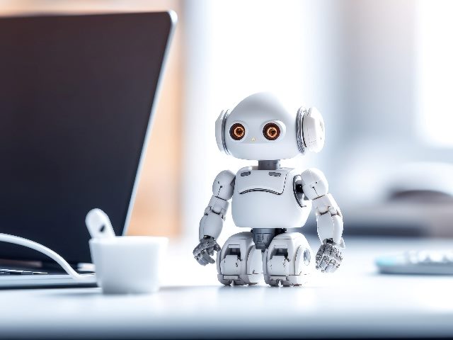 A small doll-sized robot sits atop an office desk next to an open laptop computer, suggesting concerns about AI in the workplace.