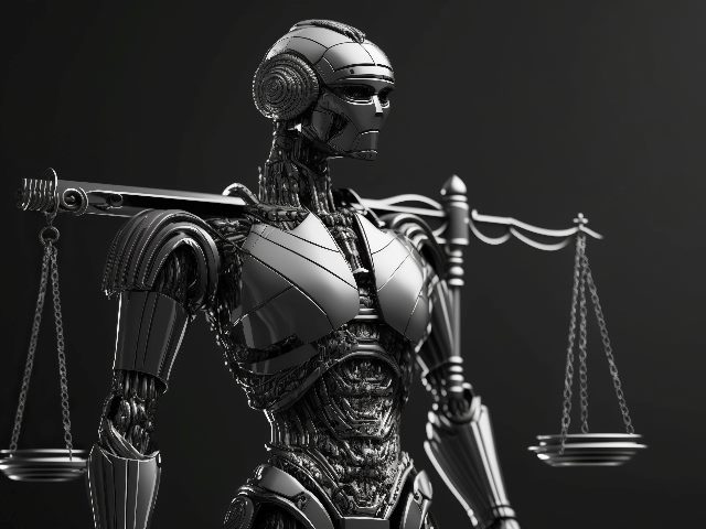 A robot in grayscale balances the scales of justice on its shoulders in piece about ethical AI use. 