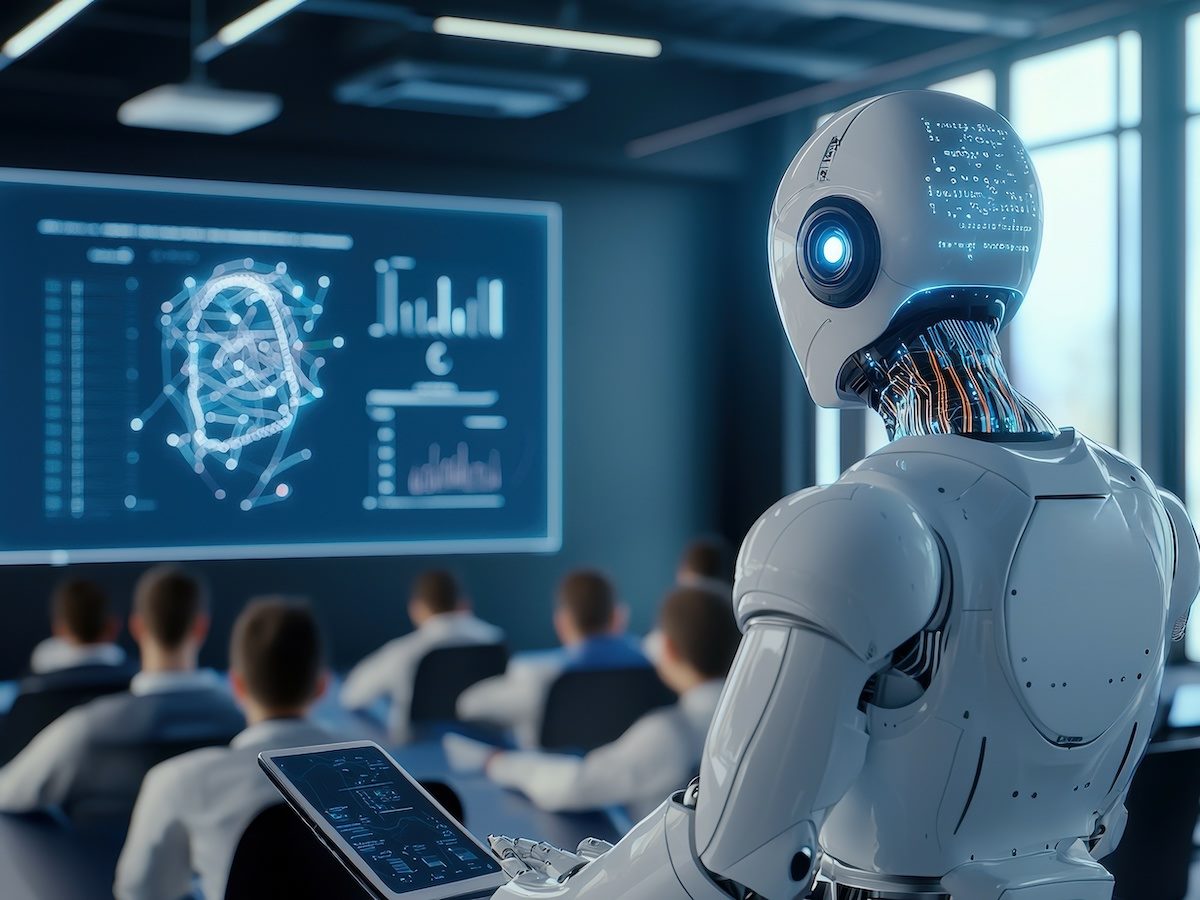 A humanoid robot with a tablet presents to a group of people in a conference room. 