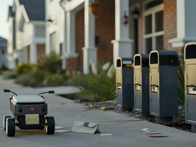  A small, robotic device on wheels delivering mail in a neighborhood with mailboxes to the right in an image generated with AI.