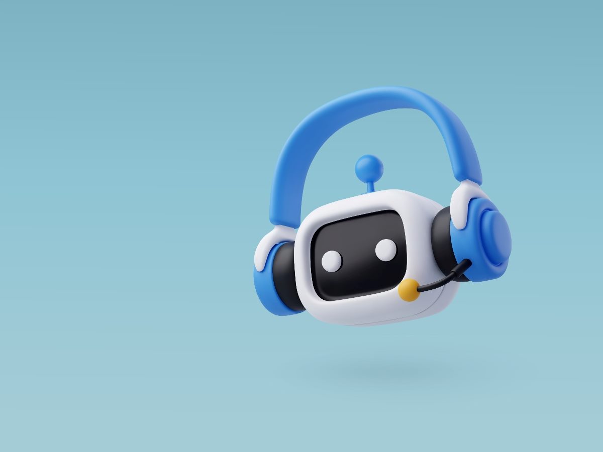 A 3D cartoon-style chatbot wearing a blue headset and microphone, floating against a blue gradient background.