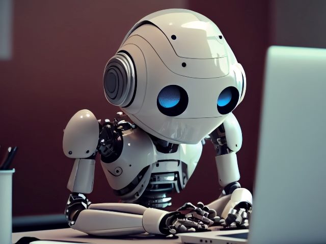 A white blue-eyed robot sits hunched at his desk in front of a laptop with a pencil holder visible on the left.