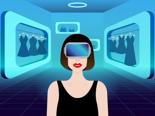 A woman with a VR headset shopping in the metaverse 