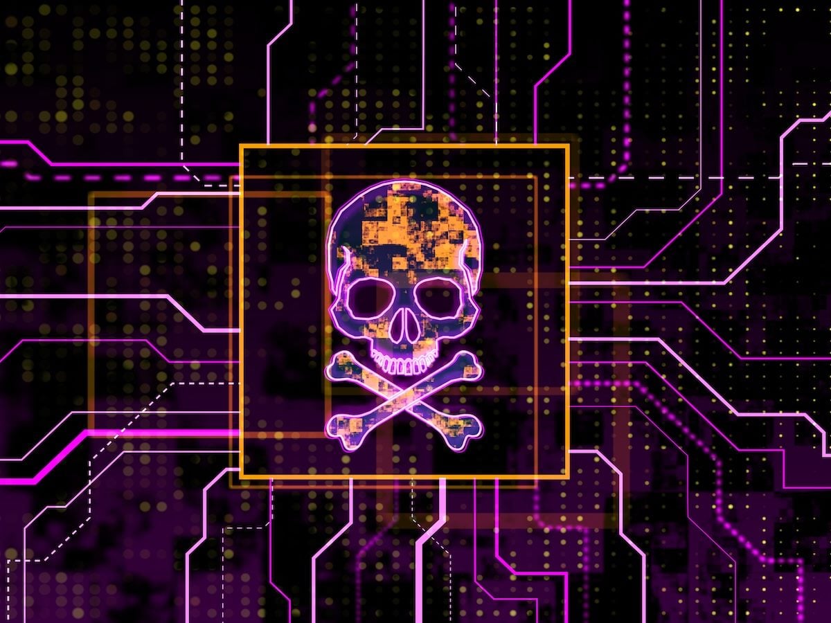 Glowing red skull and bones symbol on digital screen