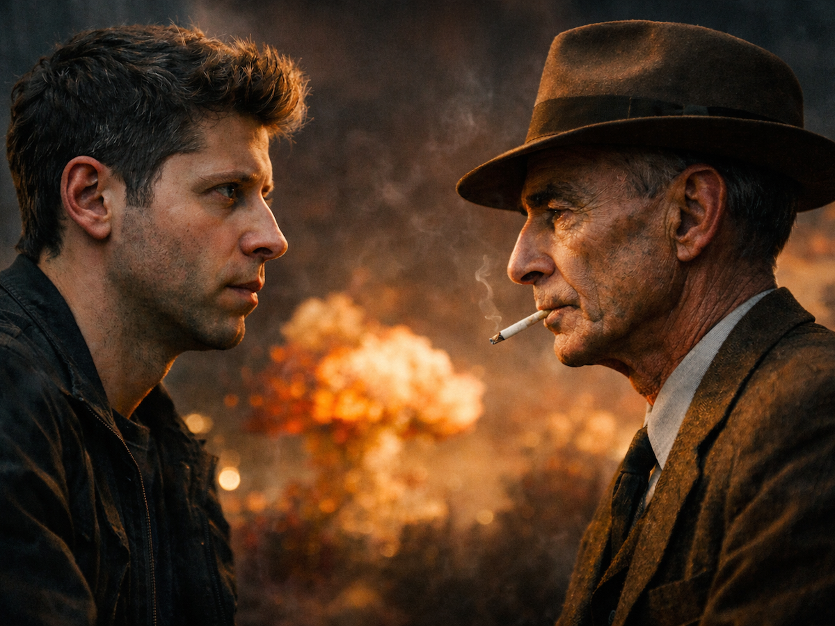 Sam Altman facing Robert Oppenheimer with nuclear bomb dropped in the background