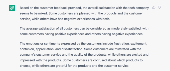 A ChatGPT output that shows off its natural language processing and and sentiment analysis capabilities.