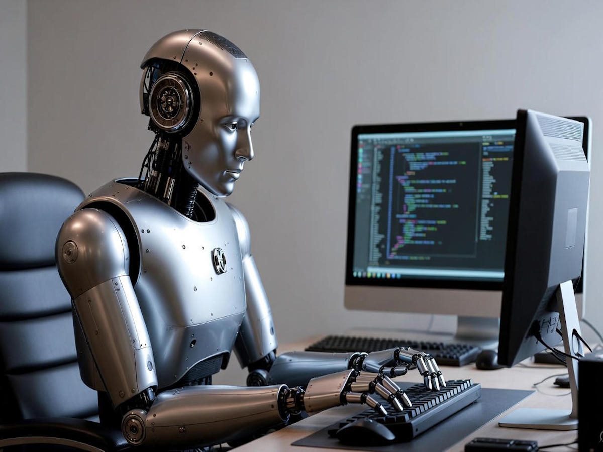 A robot sitting at a computer writing code