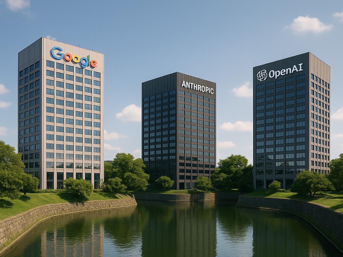 Three high-rise buildings labeled Google, Anthropic, and OpenAI are surrounded by a circular moat and lush greenery under a clear blue sky.