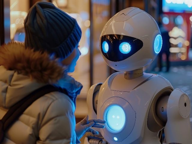 Robotic AI assistant helping a woman who presses a button on the robot's chest, in an image generated by AI.  
