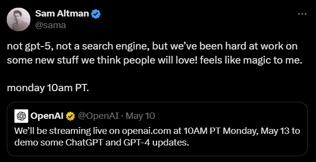A screenshot of Sam Altman's statement about the upgrade to ChatGPt4