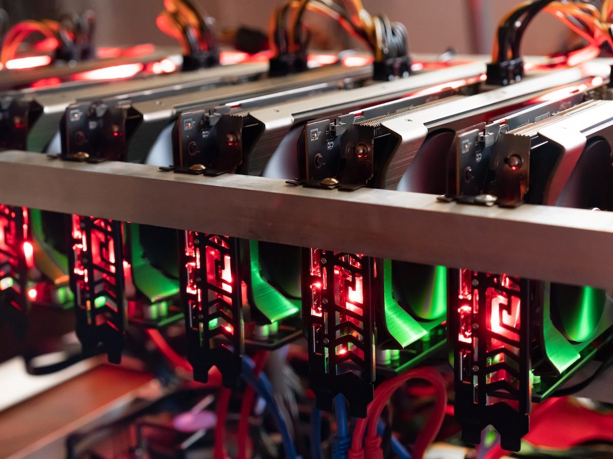 Bitcoin mining farm. Rig for cryptocurrency miner