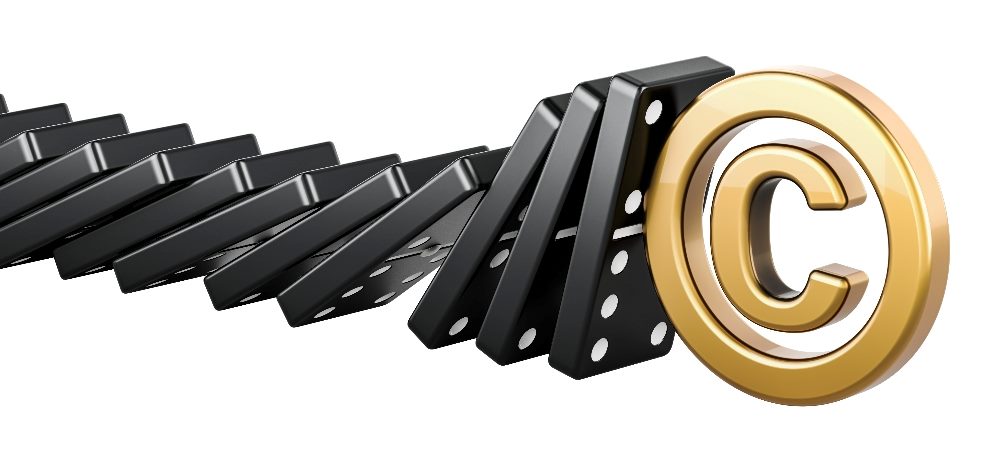 A stack of dominoes fall into a golden copyright symbol in piece about AI copyright infringement.