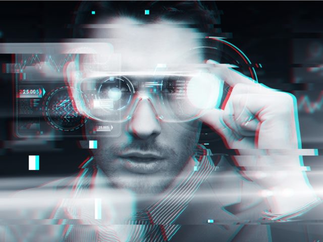 Office worker wearing 3d glasses with augmented reality screens over glitch effect background