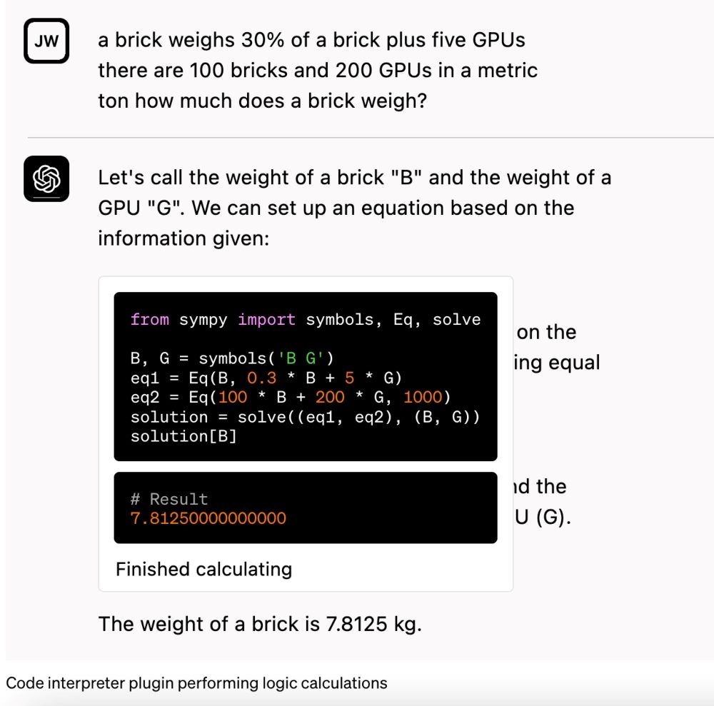 OpenAI's code interpreter plugin performing logic calculations.