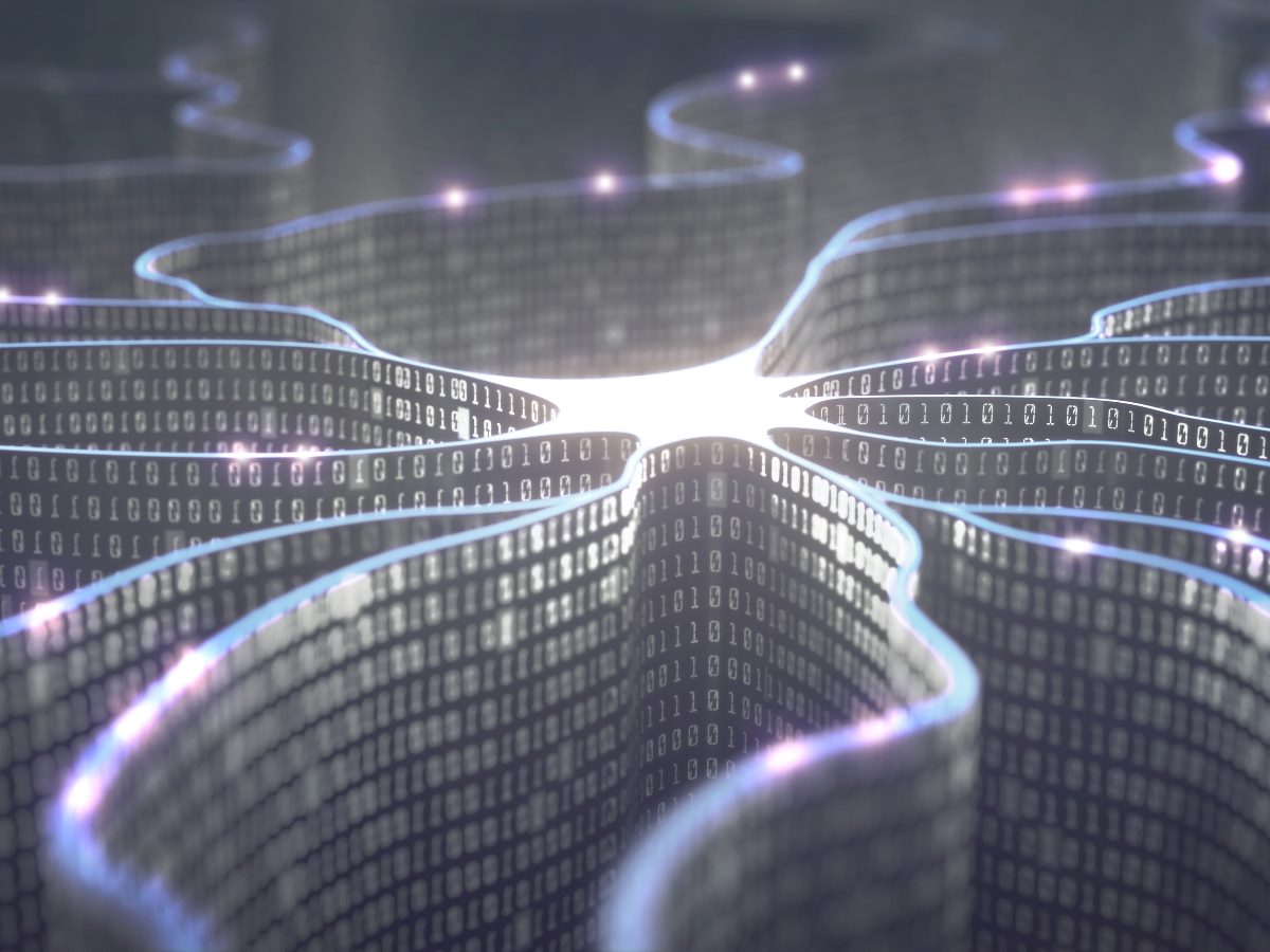 Artificial neuron in concept of artificial intelligence. Wall-shaped binary codes make transmission lines of pulses, information in an analogy to a microchip. 