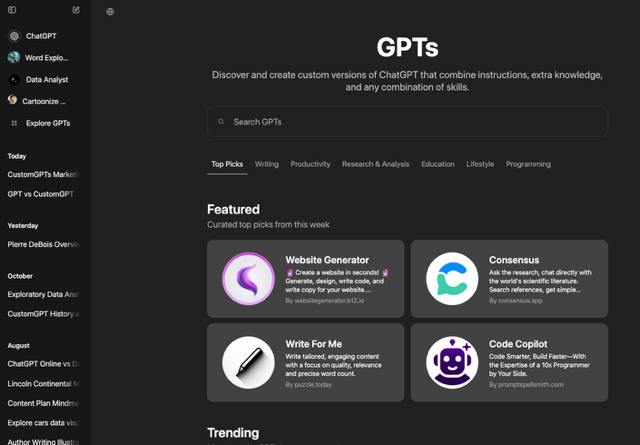 ChatGPT CustomGPT search window