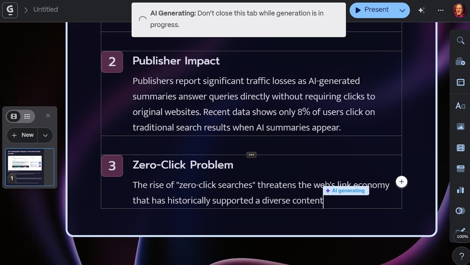Gamma turned the article into a Powerpoint style presentation that could have easily been presented to a team of professionals. From a marketing agent’s perspective, this output is very impressive.