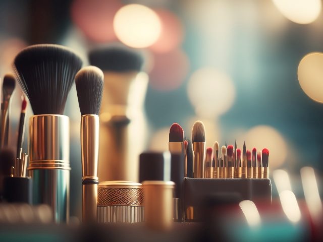 A wide array of make-up brushes and decorative cosmetic products sits on a table with a blurred background indicating the benefits of inclusivity and diversity in marketing.