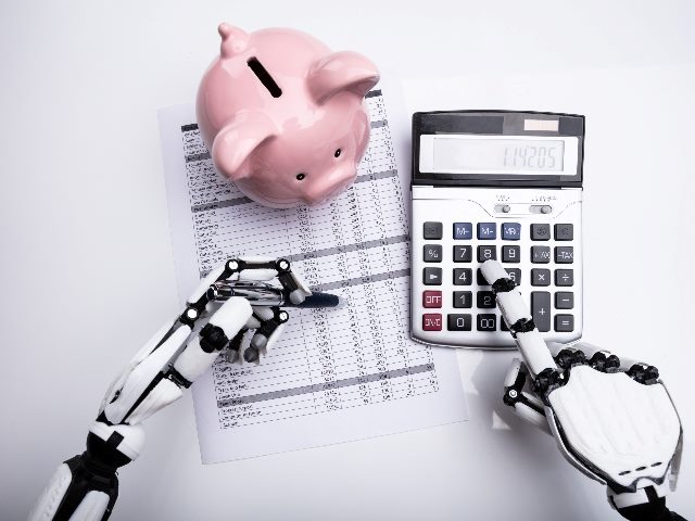 Ai robot with calculator and pig