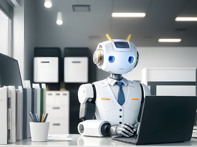 Cute robot businessman working in the office. as ​​a bot assistant, business helper in everyday life suggesting the use of generative AI enterprise.