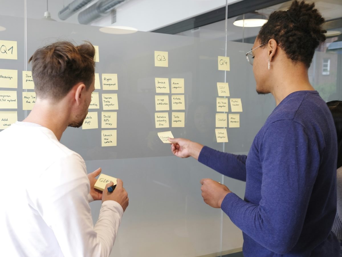 two people working with post its to build out a multi-phased strategic plan