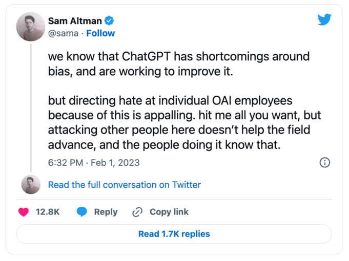 Sam Altman tweets about bias in the existing data ChatGPT is trained on.