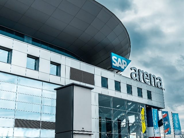 Building and logo of SAP Arena, a multi-purpose arena for sport events and concerts. SAP announced some generative AI integrations for its CX suite.