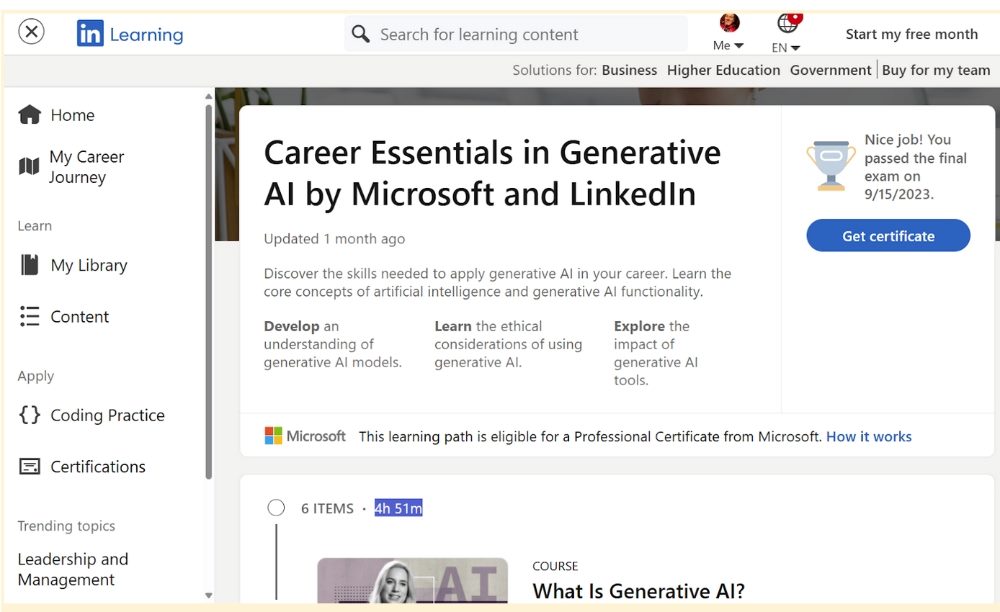 Screenshot from Career Essentials in Generative AI page showing the modules that are part of the overall course.