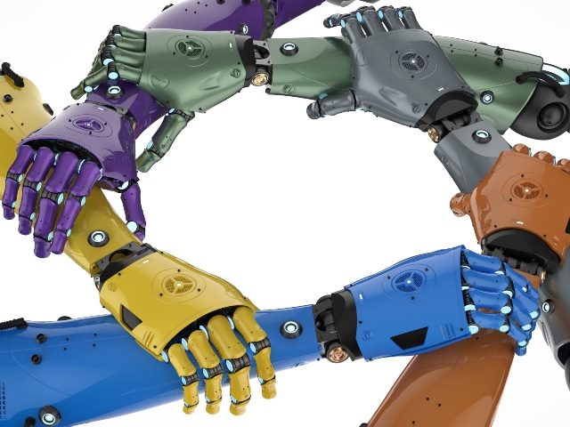 Robot hands and arms of various colors, including green, black, yellow, blue and purple, form a circle.