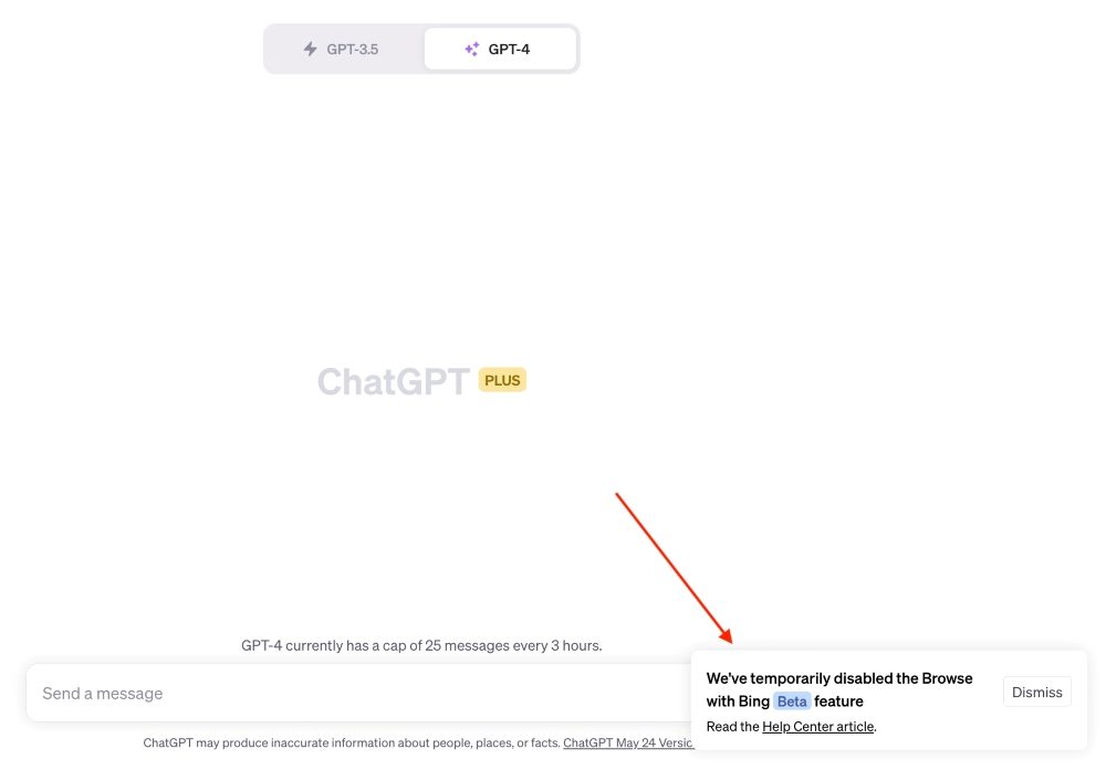 Screenshot of ChatGPT-4's home page that includes a pop-up explaining its web browser plugin is disabled.