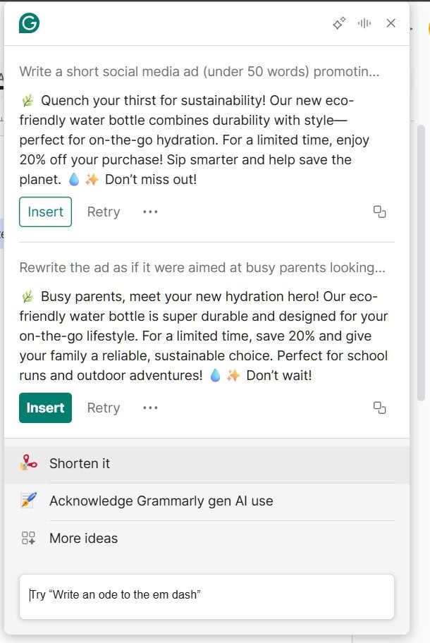Then I asked it to Rewrite the ad as if it were aimed at busy parents looking for a reliable product.