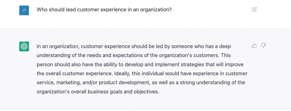 Screenshot of a query to ChatPGT with the answer, the questing being, "Who should lead customer experience in an organization?"