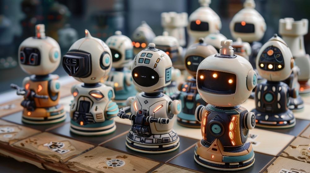 The image shows a collection of detailed, small robotic figures on a game board. Each robot has unique features and designs, varying in colors like white, black, and teal. They appear animated and are possibly part of a board game or a display, set against a blurred background that suggests a modern, tech-oriented environment in a piece about AI web development and coding.
