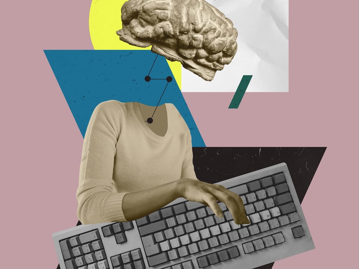 abstract collage with a brain attached to a human body and a massive computer keyboard