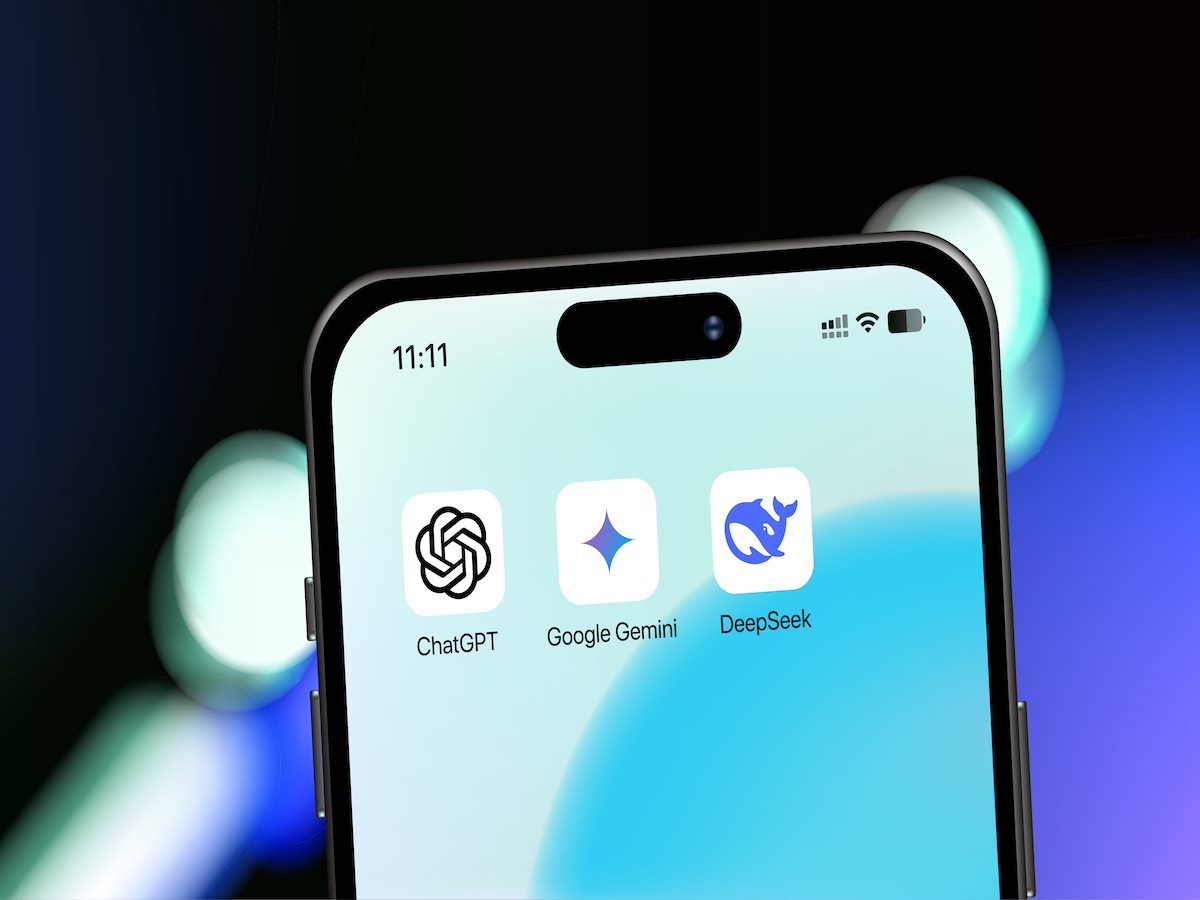 A smartphone with ChatGPT, Google Gemini and DeepSeek apps 