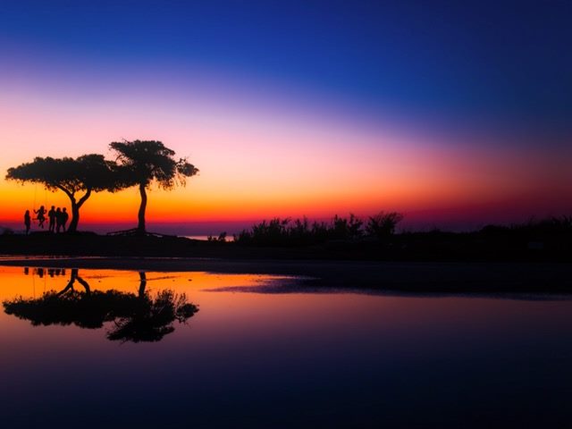 beautiful sunset with a tree reflected in a lake
