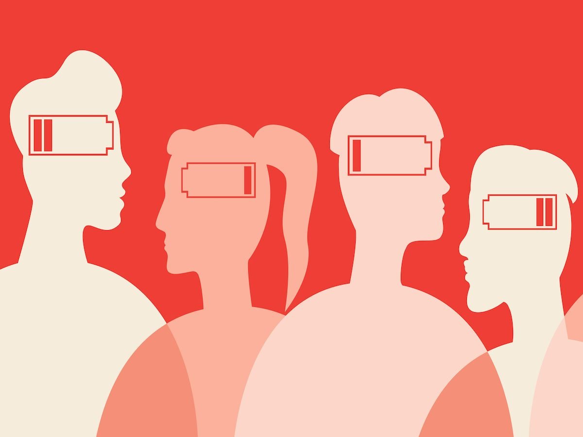 silhouettes of people with a draining battery image depicted within their heads
