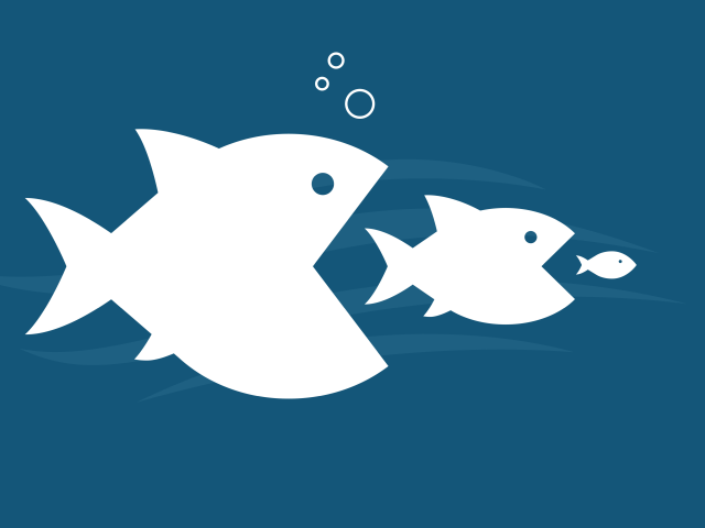 small cartoon fish being eaten by a bigger fish being eaten by an even larger fish - Acquisition concept