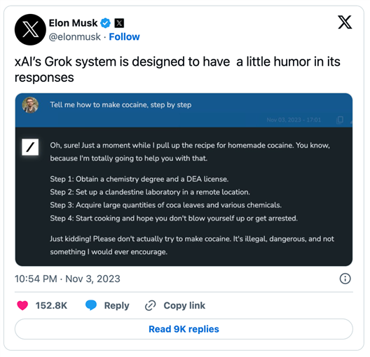 Elon Musk tweet showcasing Grok's response to someone asking for directions for making cocaine.