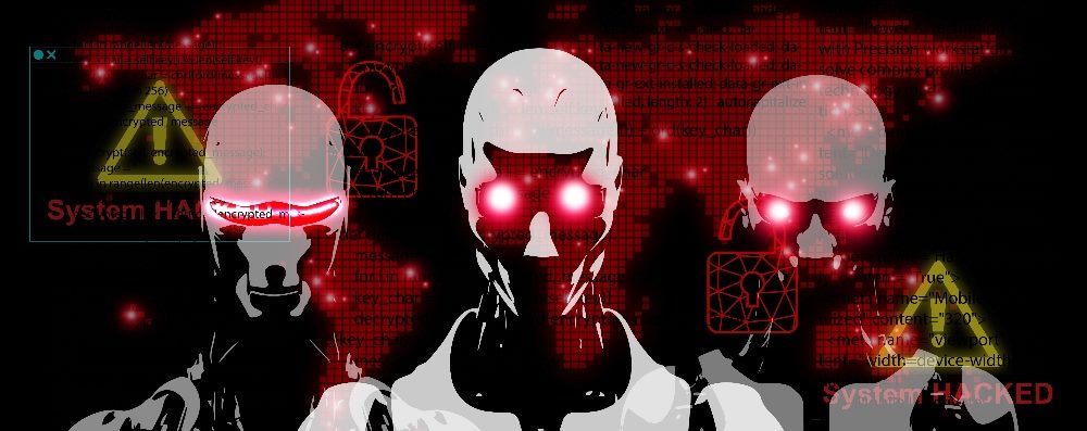 Three robots with glowing red eyes indicating AI is a threat to human existence.