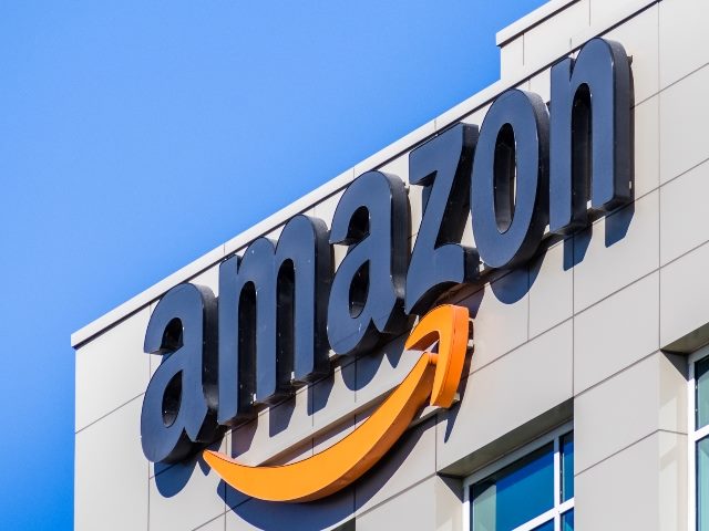 Amazon logo on the facade of one of its office buildings located in Silicon Valley.